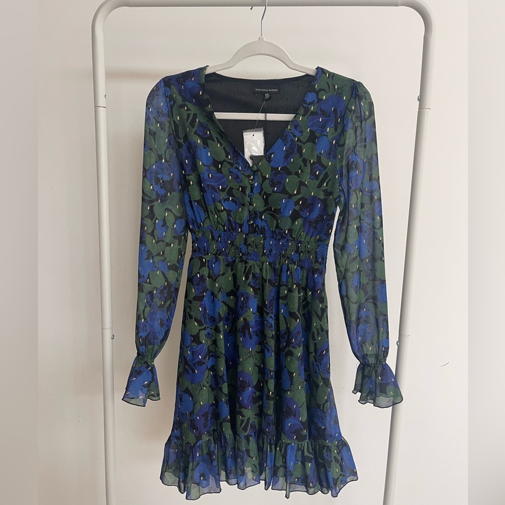 Saks Fifth Avenue Blue and Green Long Sleeve Dress